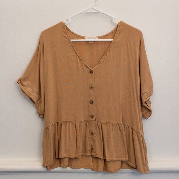 Rokoko Boho Peplum Button-Up Top – Warm Tan, Size L - Picture 1 of 4